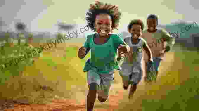 A Group Of Joyful African Children Running And Playing Shadows In An African Twilight: Game Ranger Soldier Hunter