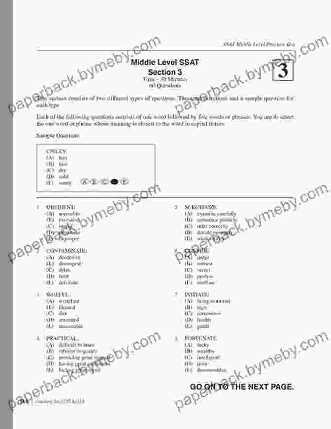 Example Practice Question From The Verbal Practice Tests For The SSAT Middle 7 Verbal Practice Tests For The SSAT Middle