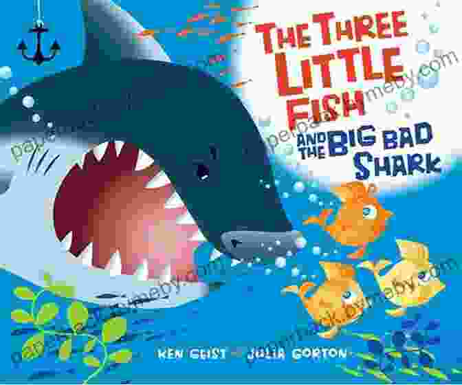 Three Little Fish Swimming In The Ocean, With A Big Shark In The Background The Three Little Fish And The Big Bad Shark